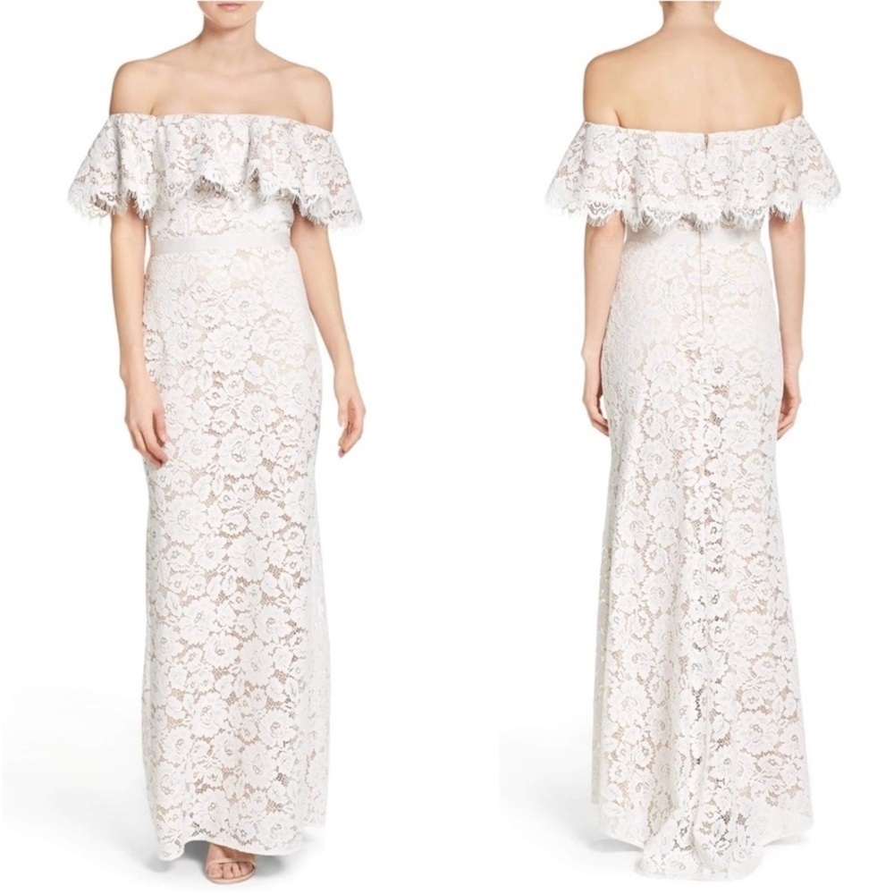 Eliza J Strapless White Lace Gown